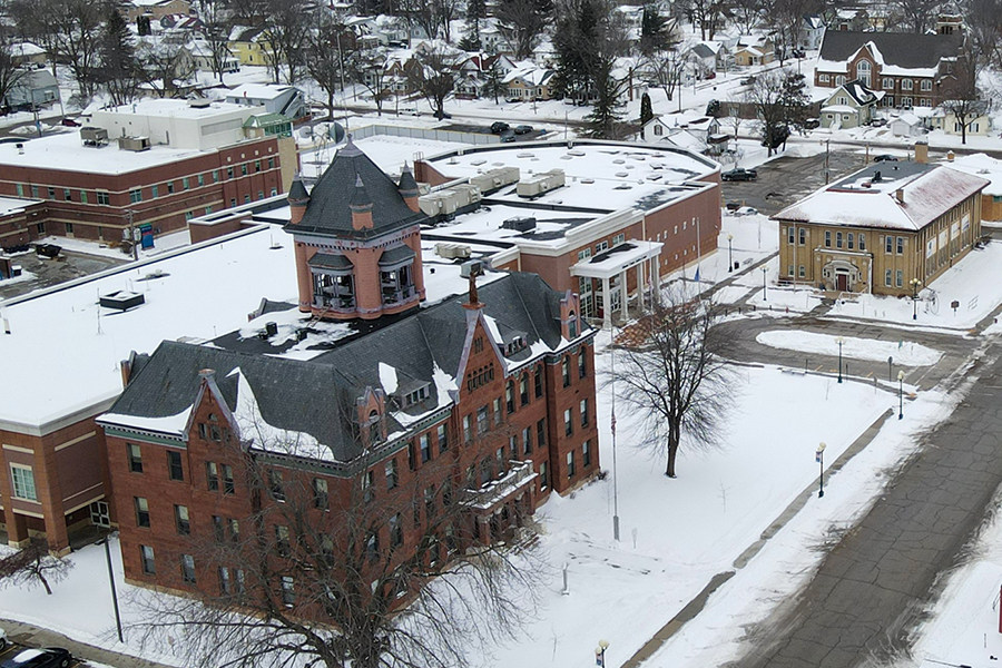 An aerial view of the historic courthouse and juscie center in Monroe County.