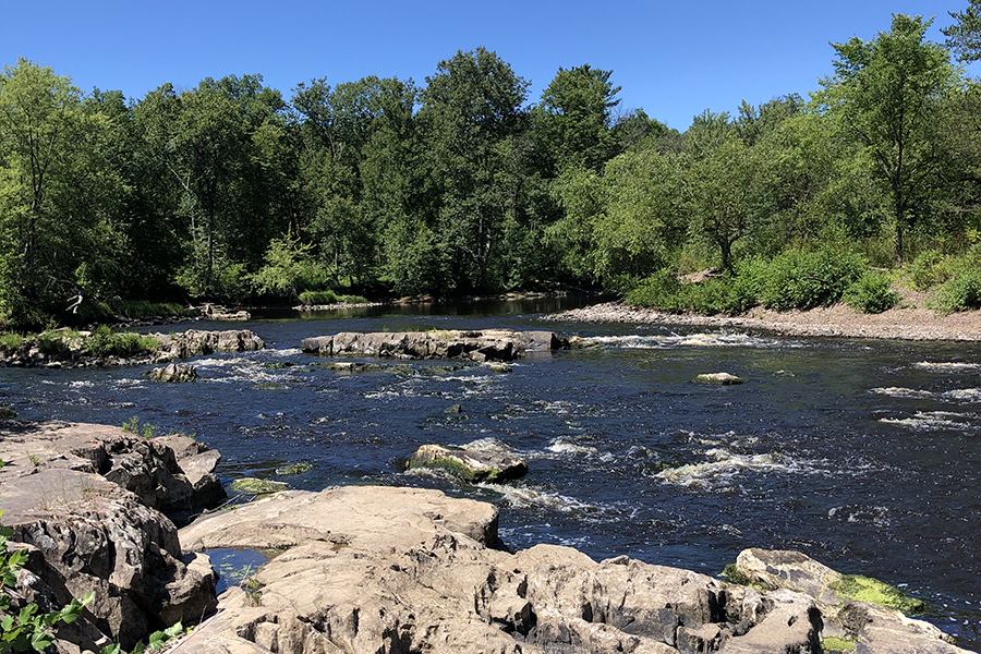 A scenic view of a waterway with trees in the background and rocks in the foreground.