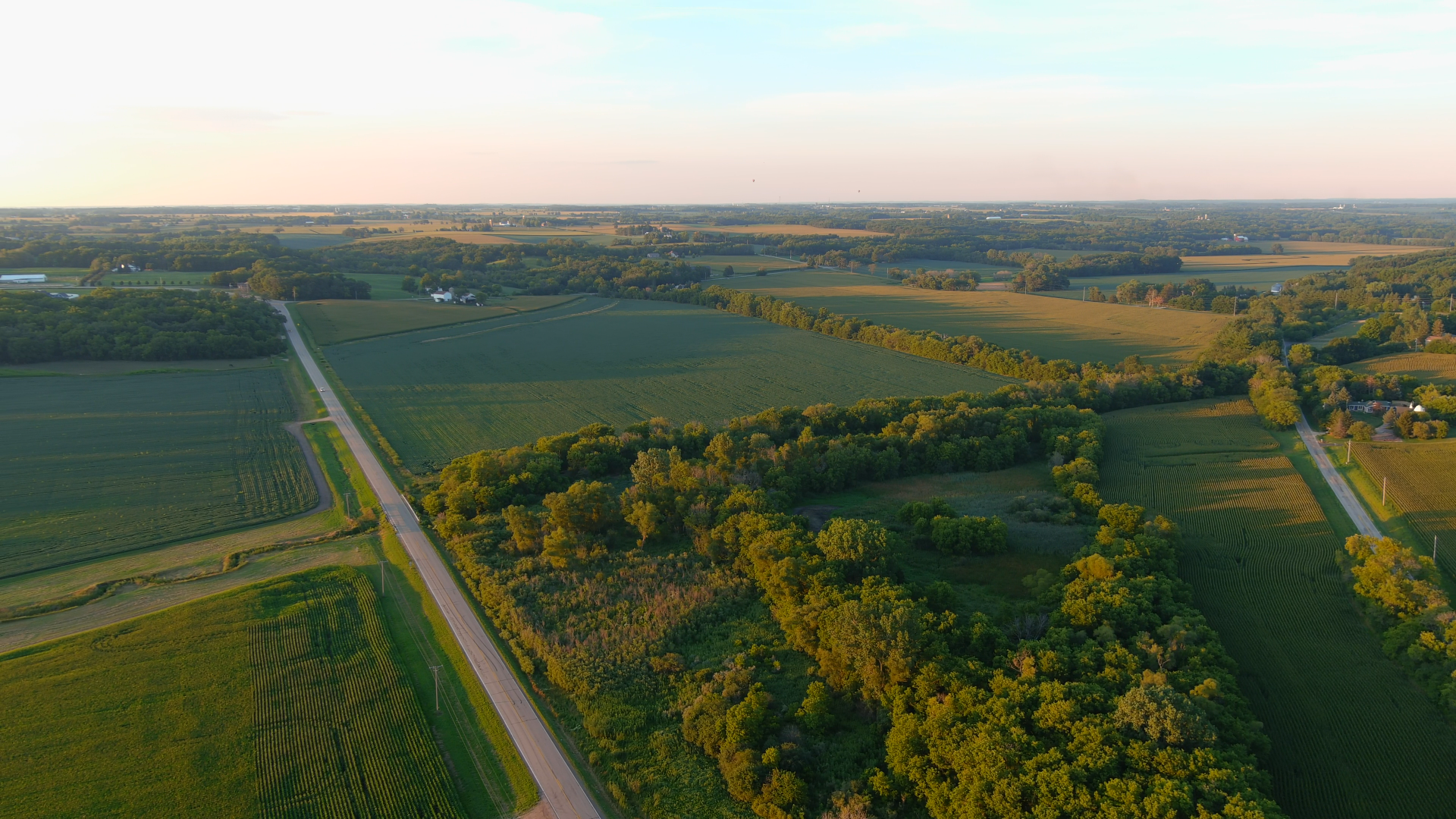 An aerial view of farmland in Walworth County, Wisconsin